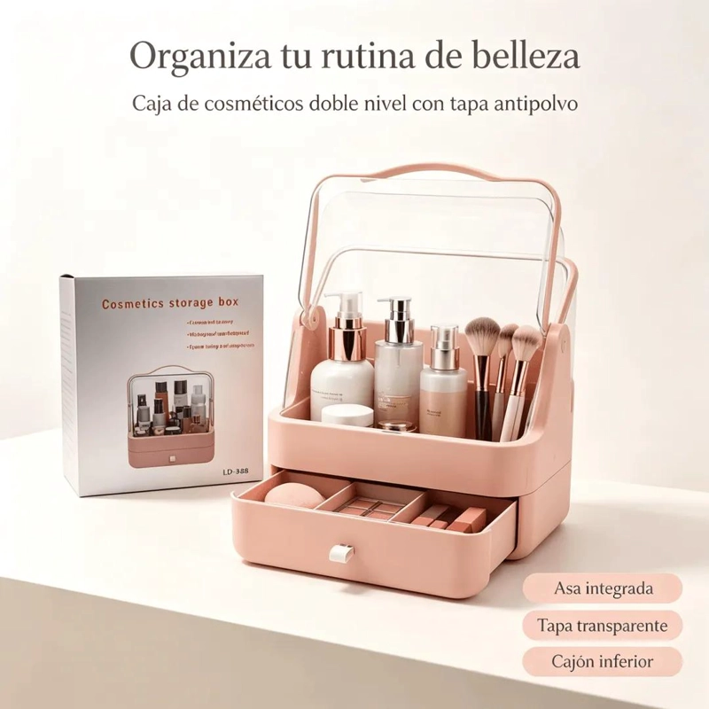 ORGANIZADOR DE MAQUILLAJE PORTATIL CON TAPA Y CAJON PRACTICO - 2