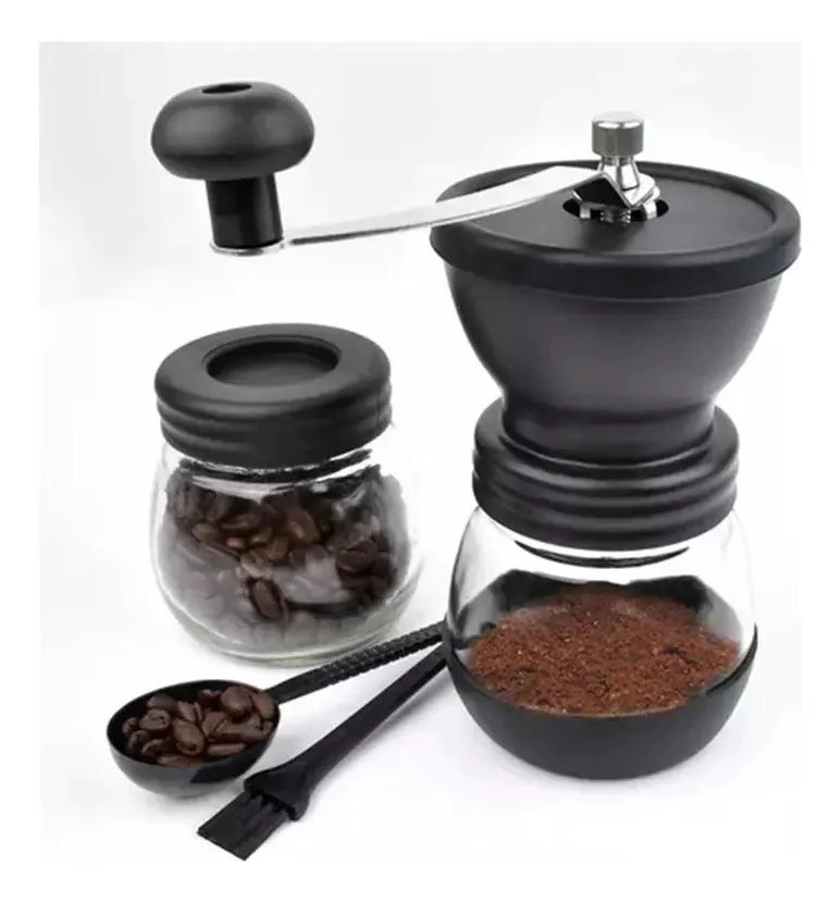 MOLINILLO MANUAL CON REBABA CERAMICA PARA CAFE  Y SEMILLAS CON FRASCOS DE VIDRIO - 1