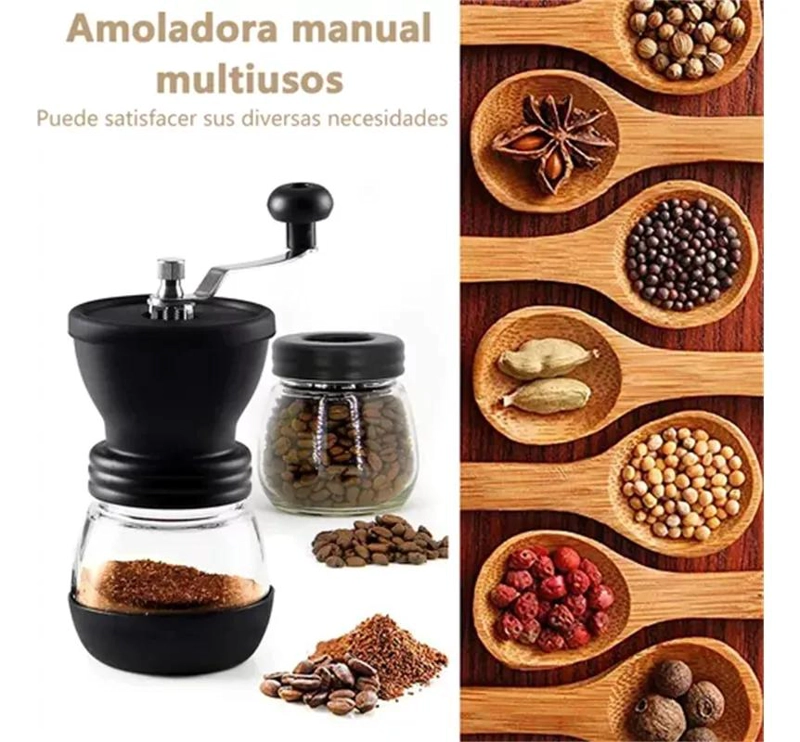 MOLINILLO MANUAL CON REBABA CERAMICA PARA CAFE  Y SEMILLAS CON FRASCOS DE VIDRIO - 7