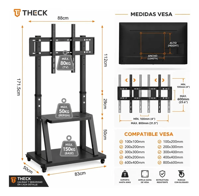 SOPORTE MOVIL PARA TELEVISOR CON RUEDAS Y REPISA AJUSTABLE - 2