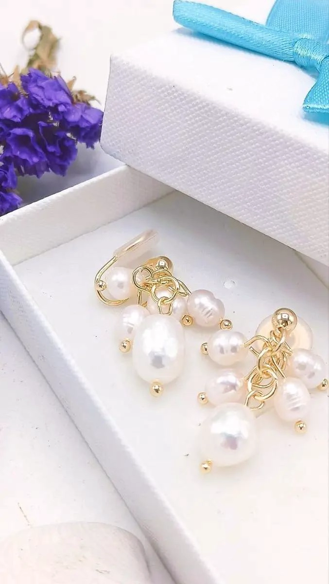 AROS COLGANTES SIN PERFORACION CON PERLAS BAÑADOS EN ORO - 2