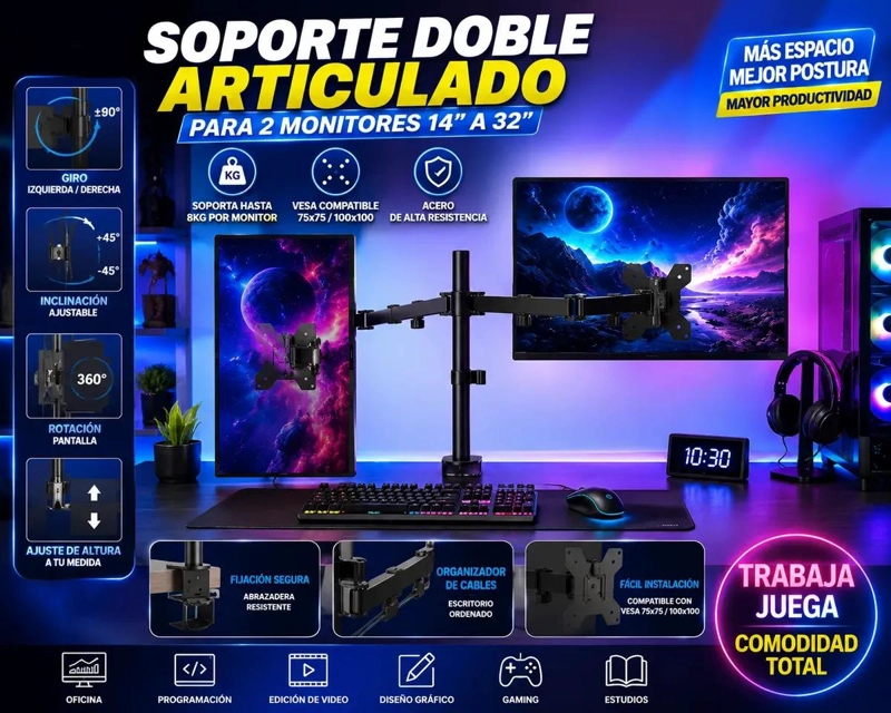SOPORTE DOBLE ARTICULADO PARA DOS MONITORES DE 14 A 32 PULGADAS - 2