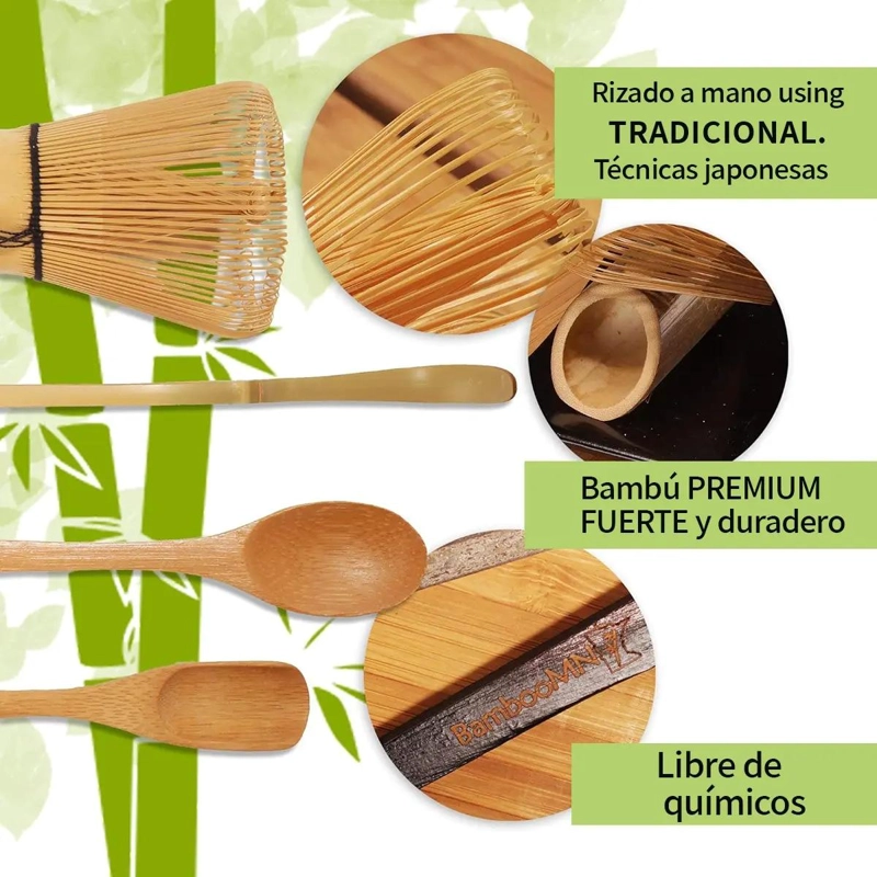 JUEGO DE UTENSILIOS DE BAMBU PARA PREPARAR TE  MATCHA CON BATIDOR Y CUCHARAS - 6