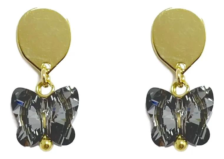 AROS DE CRISTAL NEGRO MARIPOSA BAÑADOS EN ORO 18K - 1