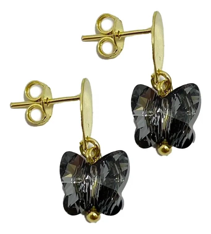 AROS DE CRISTAL NEGRO MARIPOSA BAÑADOS EN ORO 18K - 2