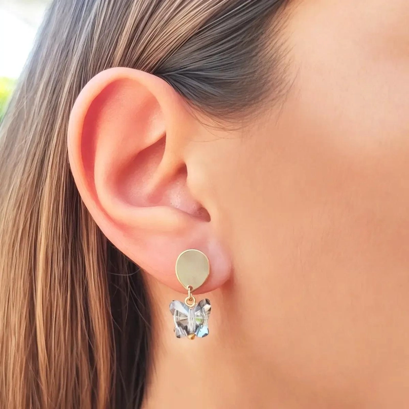 AROS DE CRISTAL NEGRO MARIPOSA BAÑADOS EN ORO 18K - 3