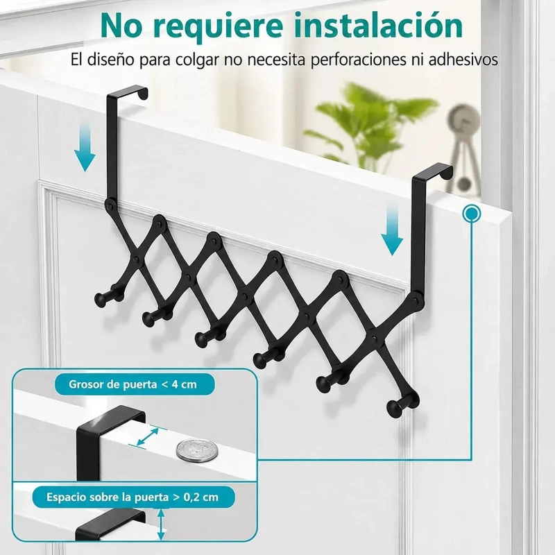 PERCHERO EXTENSIBLE DE METAL NEGRO CON 5 GANCHOS PARA PUERTA - 3