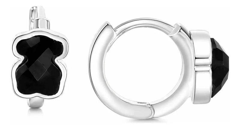 AROS HUGGIE MINI DE PLATA 925 CON OSO DE ONIX NEGRO - 1