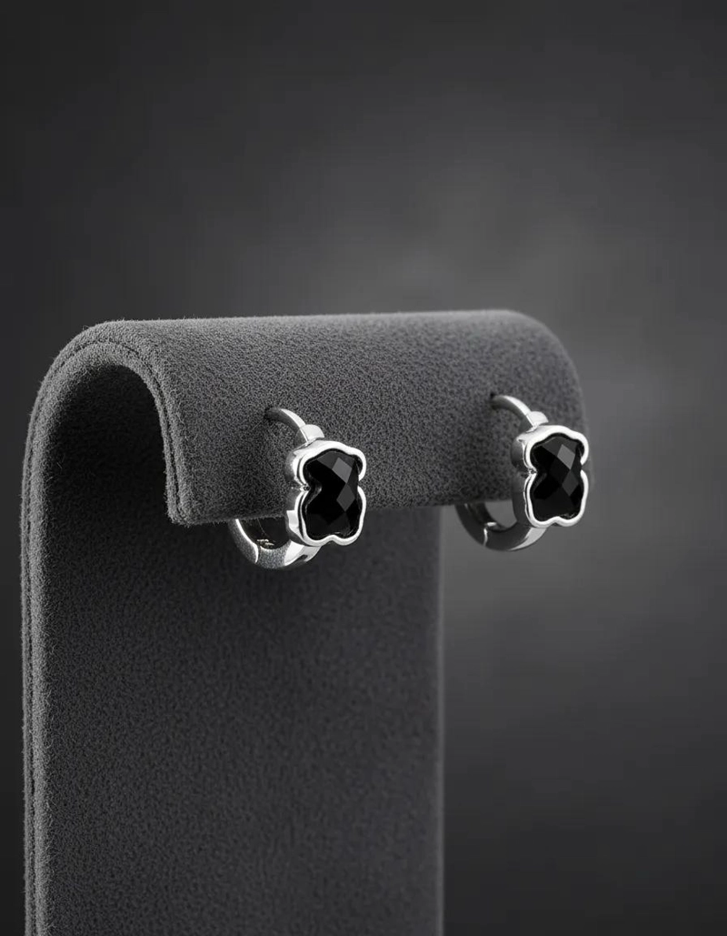 AROS HUGGIE MINI DE PLATA 925 CON OSO DE ONIX NEGRO - 5
