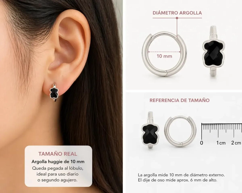 AROS HUGGIE MINI DE PLATA 925 CON OSO DE ONIX NEGRO - 6