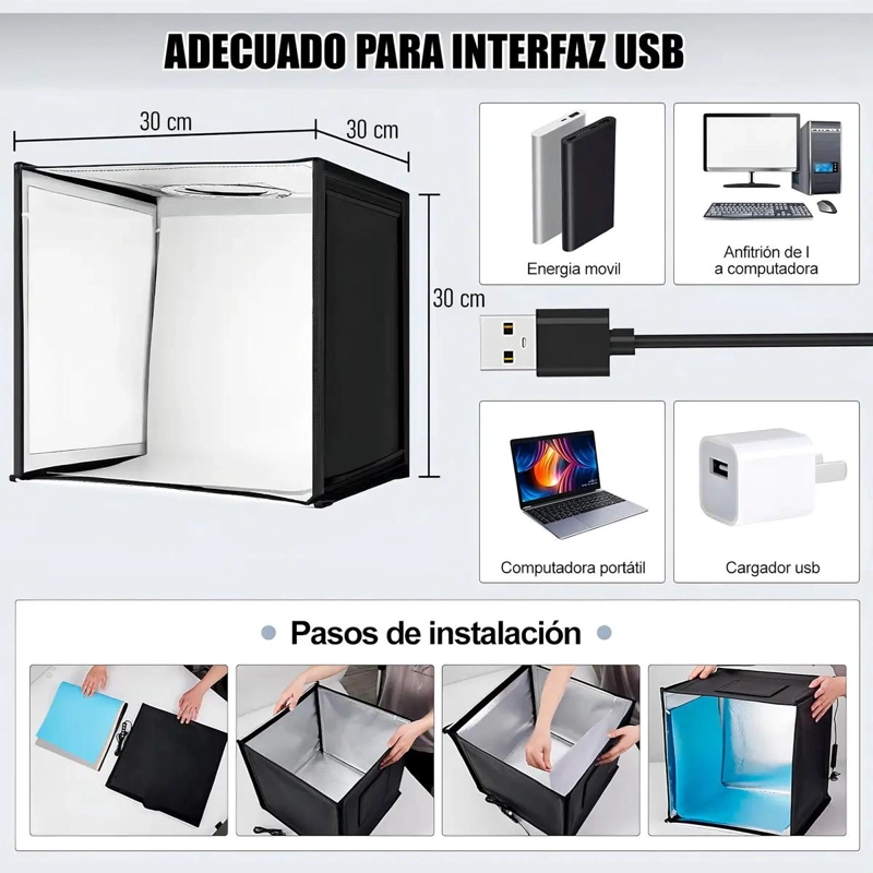 MINI ESTUDIO FOTOGRAFICO PLEGABLE CON ILUMINACION LED Y FONDOS - 2