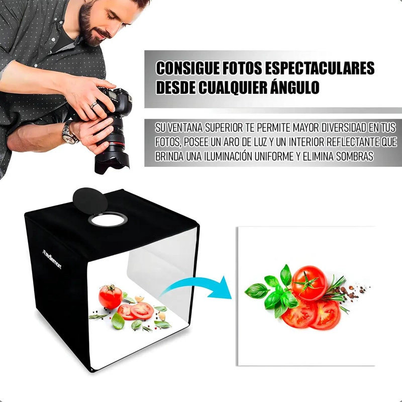 MINI ESTUDIO FOTOGRAFICO PLEGABLE CON ILUMINACION LED Y FONDOS - 6