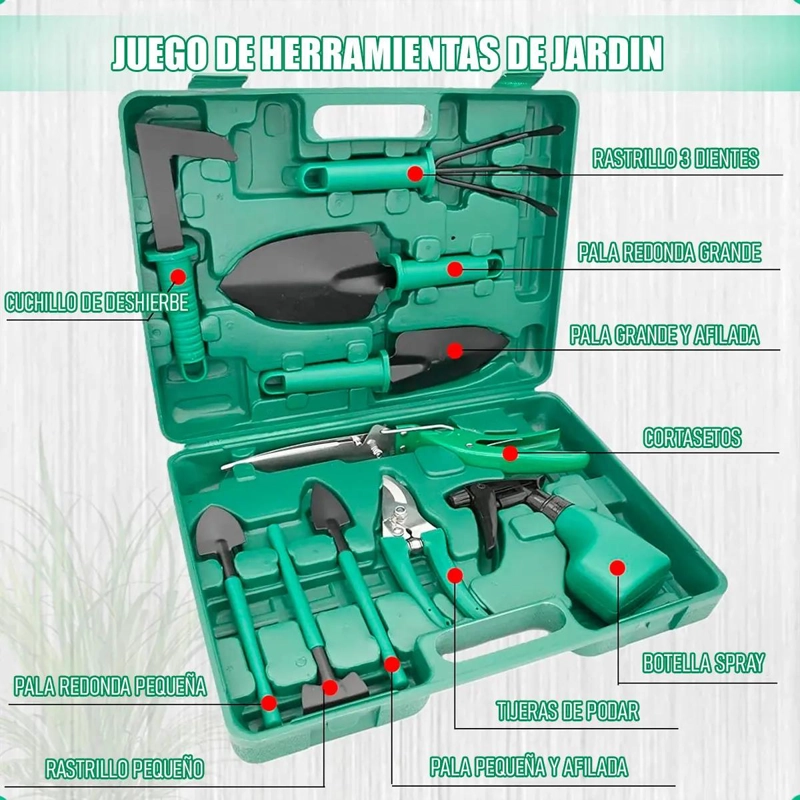 KIT DE JARDINERIA 10 PIEZAS CON TIJERA Y RASTRILLO - 5