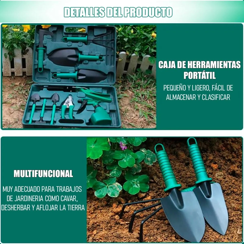 KIT DE JARDINERIA 10 PIEZAS CON TIJERA Y RASTRILLO - 8