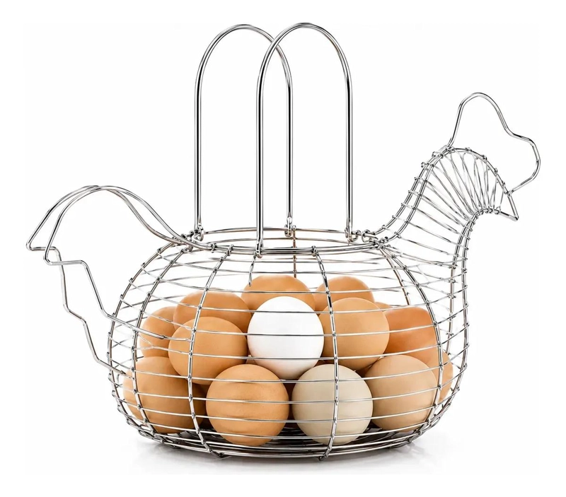 CANASTO DECORATIVO DE METAL EN FORMA DE GALLINA PARA HUEVOS - 1
