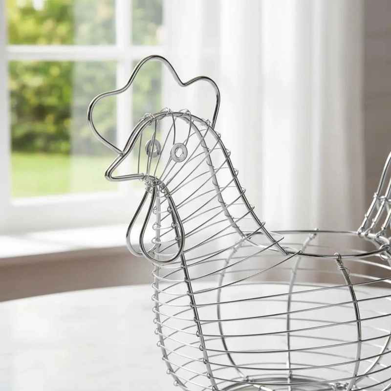 CANASTO DECORATIVO DE METAL EN FORMA DE GALLINA PARA HUEVOS - 10