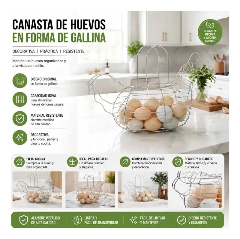 CANASTO DECORATIVO DE METAL EN FORMA DE GALLINA PARA HUEVOS - 3