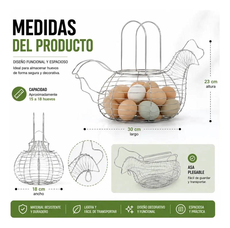 CANASTO DECORATIVO DE METAL EN FORMA DE GALLINA PARA HUEVOS - 4