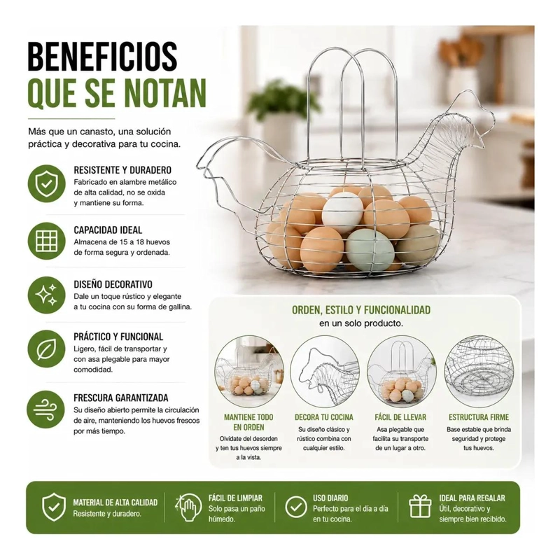 CANASTO DECORATIVO DE METAL EN FORMA DE GALLINA PARA HUEVOS - 5