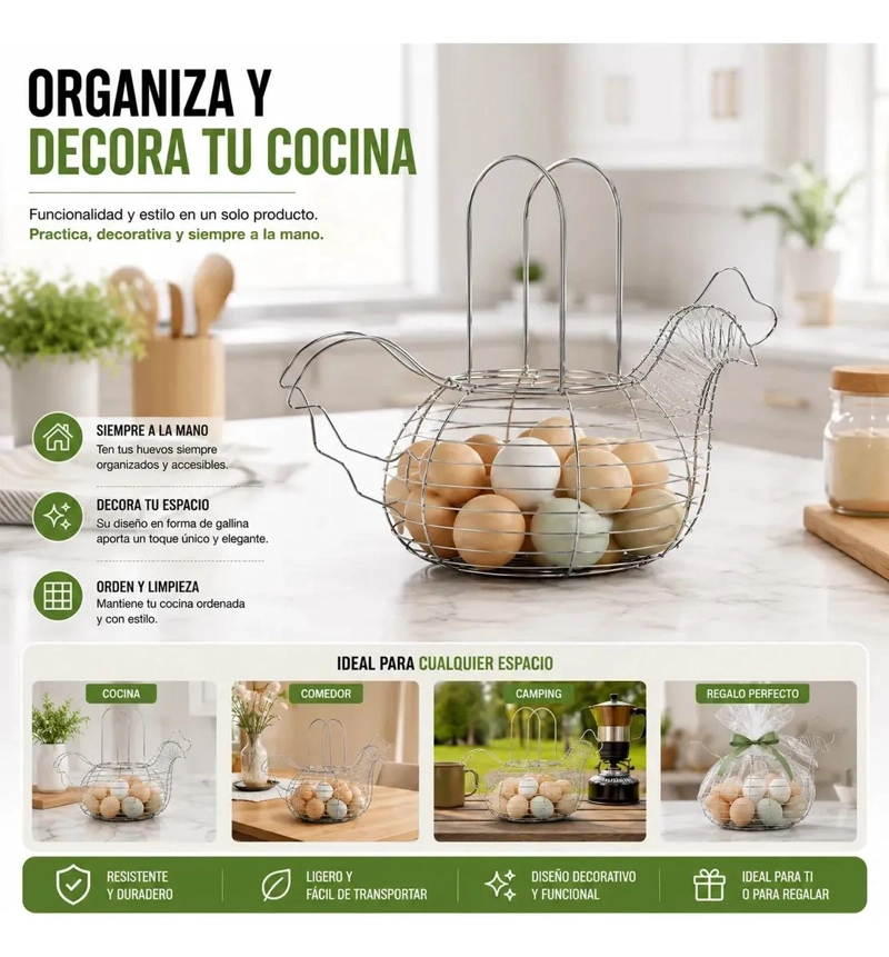 CANASTO DECORATIVO DE METAL EN FORMA DE GALLINA PARA HUEVOS - 6