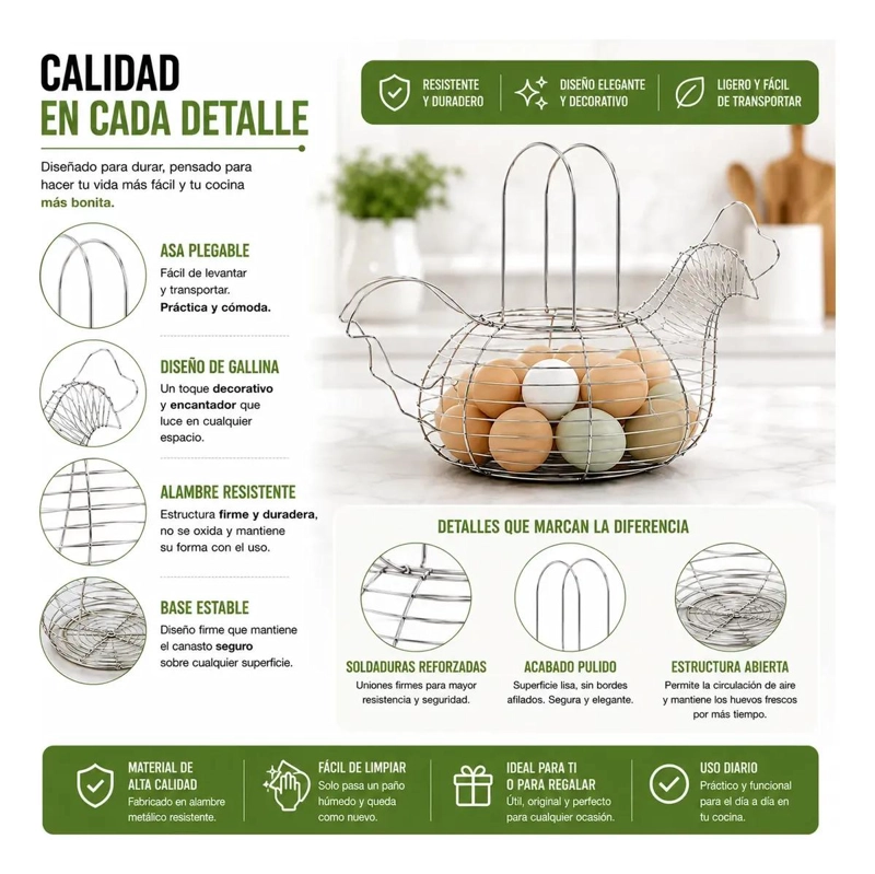 CANASTO DECORATIVO DE METAL EN FORMA DE GALLINA PARA HUEVOS - 9