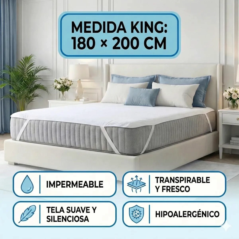 PROTECTOR DE COLCHON IMPERMEABLE KING BLANCO CON BANDAS ELASTICAS - 1