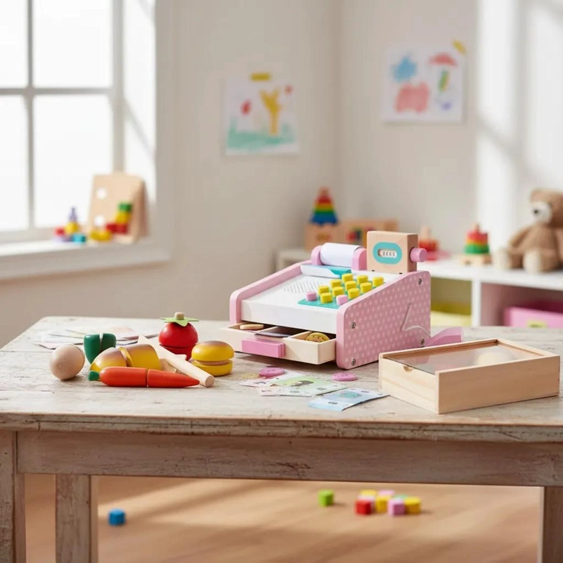 CAJA REGISTRADORA DE MADERA Y SET DE FRUTAS PARA JUGAR - 1