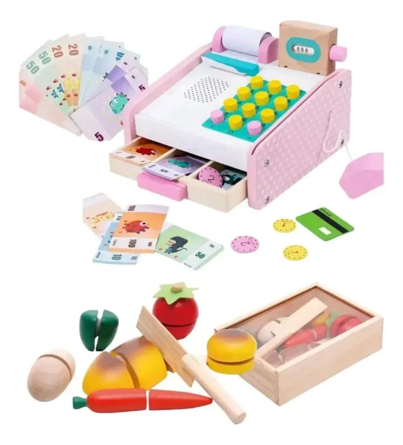 CAJA REGISTRADORA DE MADERA Y SET DE FRUTAS PARA JUGAR - 2