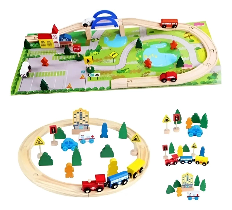 PACK DE 2 PISTAS DE AUTOS Y TREN DE MADERA PARA NIÑOS - 1