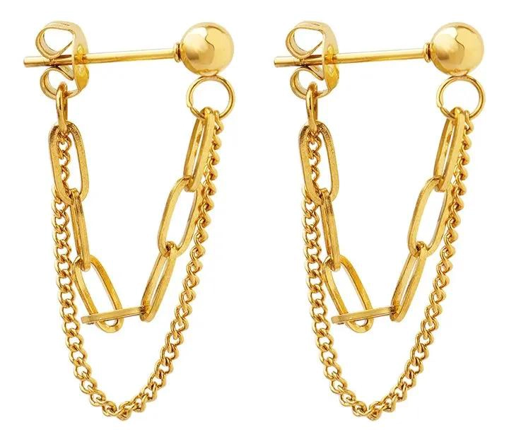 AROS DE BAÑO EN ORO 18K CON DOBLE CADENA Y PELOTITAS - 1