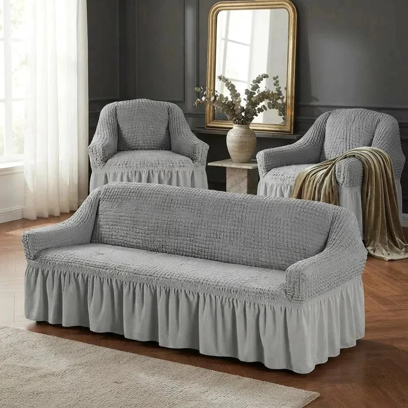 FUNDA DE ALGODON TURCO PARA JUEGO DE SILLONES 3+1+1 CUERPOS GRIS CLARO - 2
