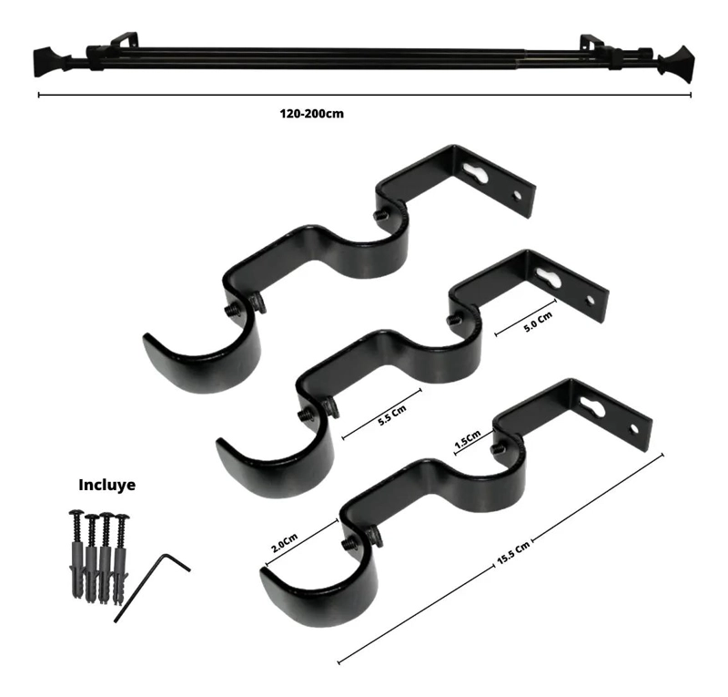 SET EXTENSIBLE DE METAL PARA CORTINAS 120-200 CM COLOR NEGRO - 6