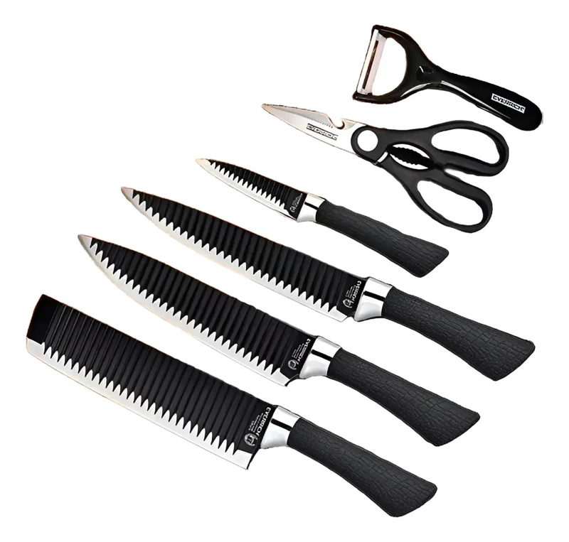 SET DE 6 CUCHILLOS DE COCINA CON TIJERAS Y PELADOR ERGONOMICOS - 1