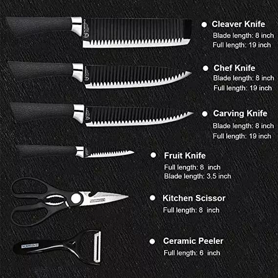 SET DE 6 CUCHILLOS DE COCINA CON TIJERAS Y PELADOR ERGONOMICOS - 3