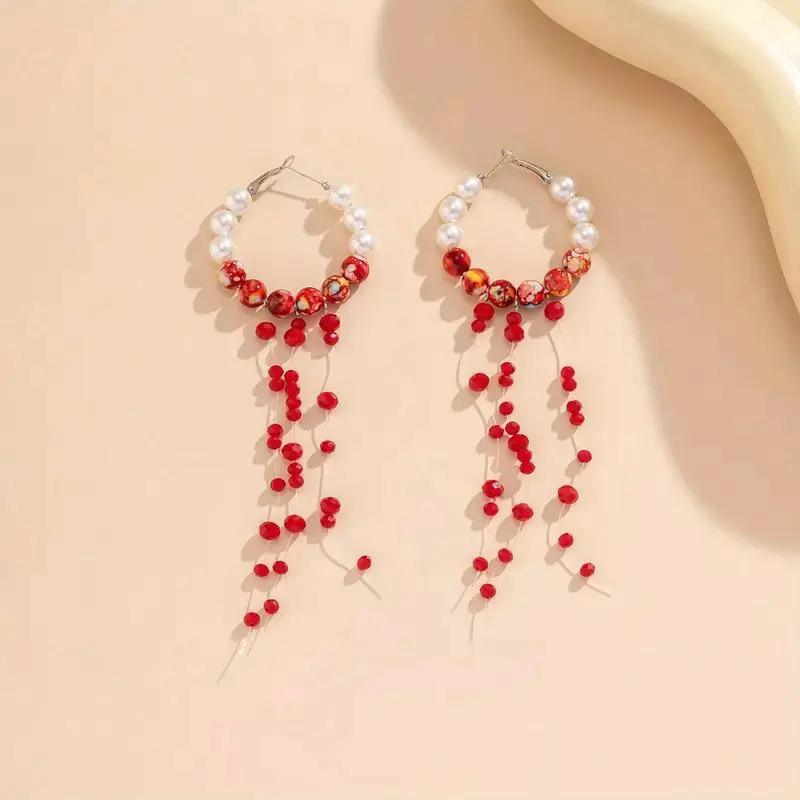 AROS PENDIENTES CON BORLA Y PERLAS IMITACION ELEGANTES - 2