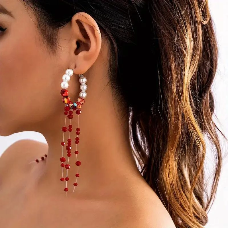 AROS PENDIENTES CON BORLA Y PERLAS IMITACION ELEGANTES - 3