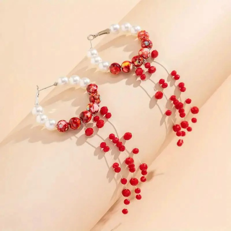 AROS PENDIENTES CON BORLA Y PERLAS IMITACION ELEGANTES - 5