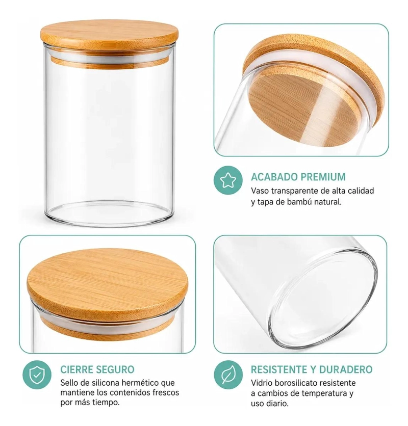 PACK DE 2 FRASCOS DE VIDRIO HERME TICO CON TAPA DE BAMBU - 4