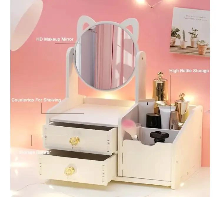 ESPEJO DE MAQUILLAJE 360° CON ALMACENAMIENTO Y DISEÑO DE GATO - 3