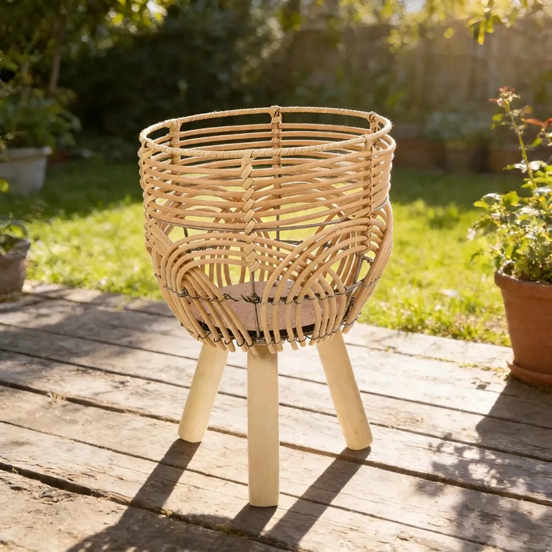 PORTAMACETERO DE MIMBRE CON PATAS DE MADERA PARA DECORACION - 1