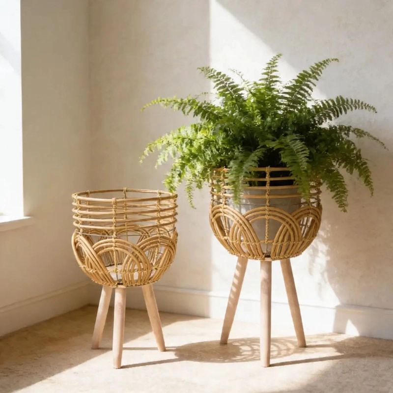 PORTAMACETERO DE MIMBRE CON PATAS DE MADERA PARA DECORACION - 5
