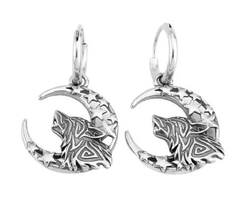 AROS VIKINGOS CON DISEÑO DE LOBO NORDICO Y LUNA EN ACERO INOXIDABLE - 1