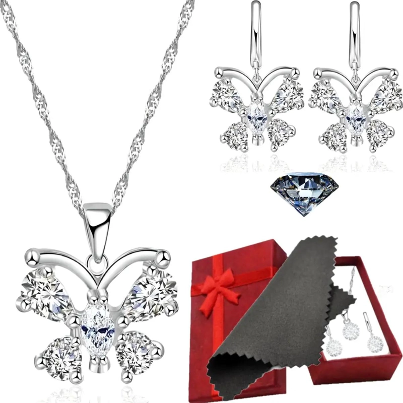 CONJUNTO DE AROS Y COLLAR DE PLATA 925 CON DISEÑO DE MARIPOSAS - 1