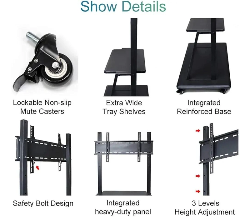 SOPORTE MOVIL PARA TV CON RUEDAS Y ESTANTES AJUSTABLES - 6