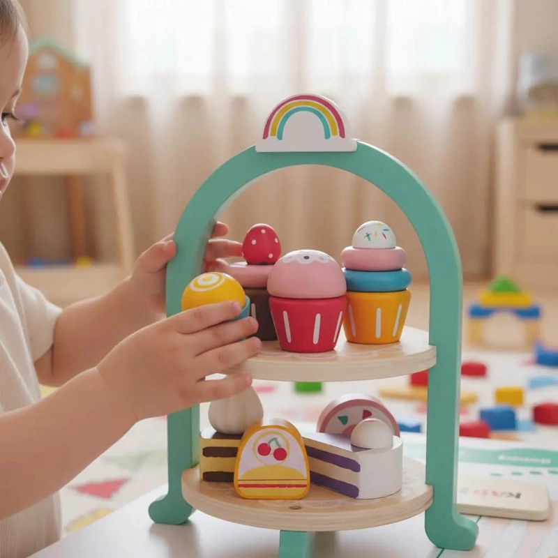 SET DE PASTELERIA DE MADERA PARA NIÑOS CON POSTRES Y CUPCAKES - 1