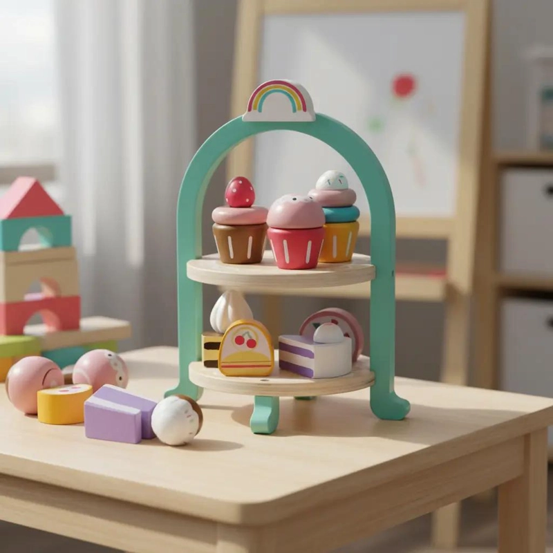 SET DE PASTELERIA DE MADERA PARA NIÑOS CON POSTRES Y CUPCAKES - 3