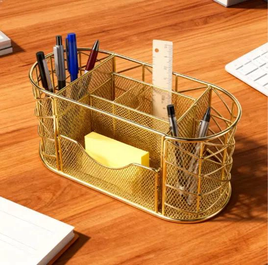 ORGANIZADOR DE ESCRITORIO METALICO DORADO CON COMPARTIMENTOS - 1