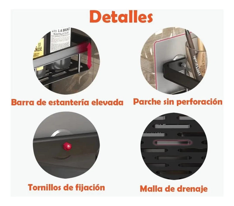 ESTANTE DE ALMACENAMIENTO PARA BAÑO SIN PERFORACIONES EN COLOR NEGRO - 6