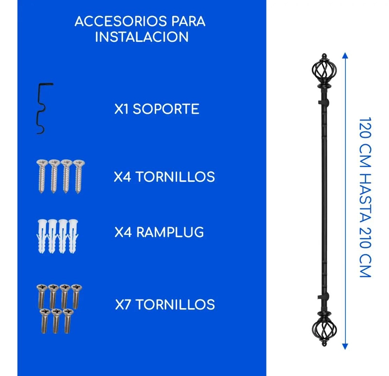 BARRA METALICA EXTENSIBLE PARA CORTINAS AJUSTABLE 120 A 210 CM - 2