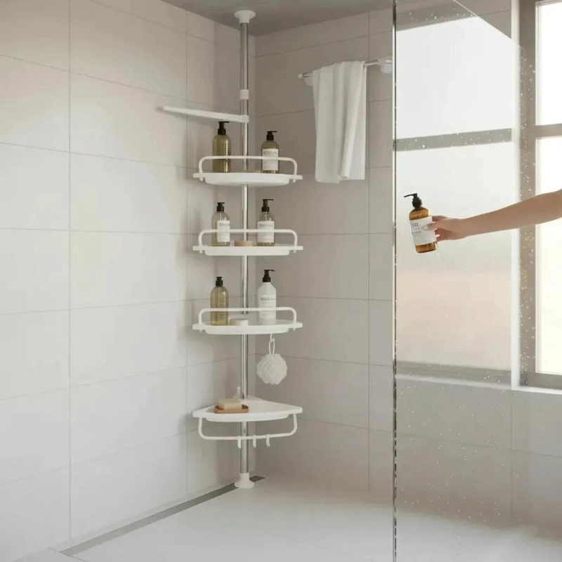 ESQUINERO ORGANIZADOR DE BAÑO AJUSTABLE CON 4 NIVELES DE ACERO CROMADO - 1